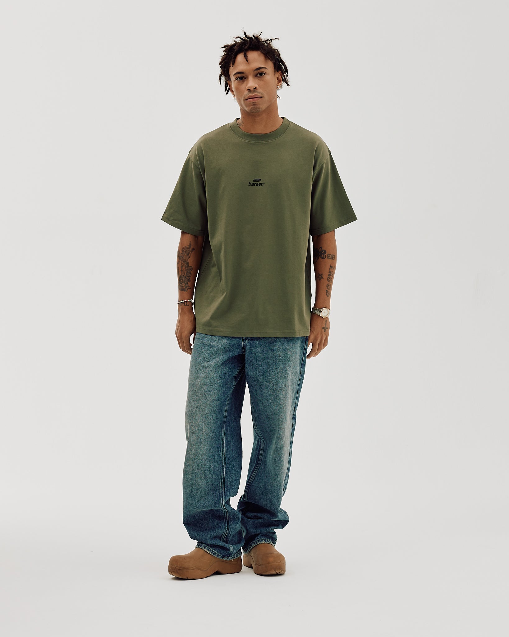 Bareen Box fit T-shirt Logo Olive Green